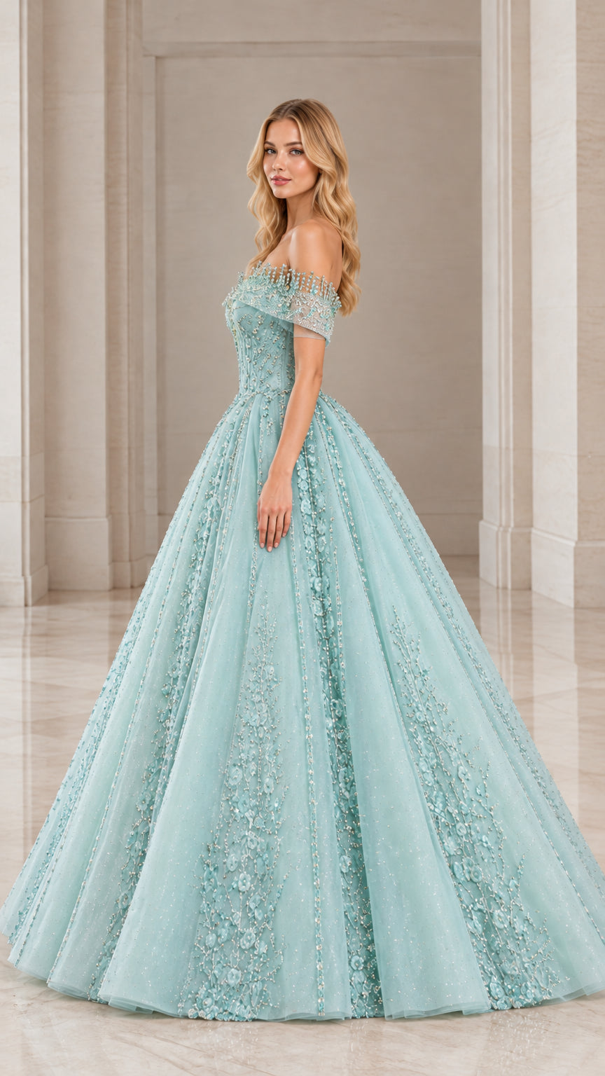 Side profile view of mint green beaded ball gown with layered skirt