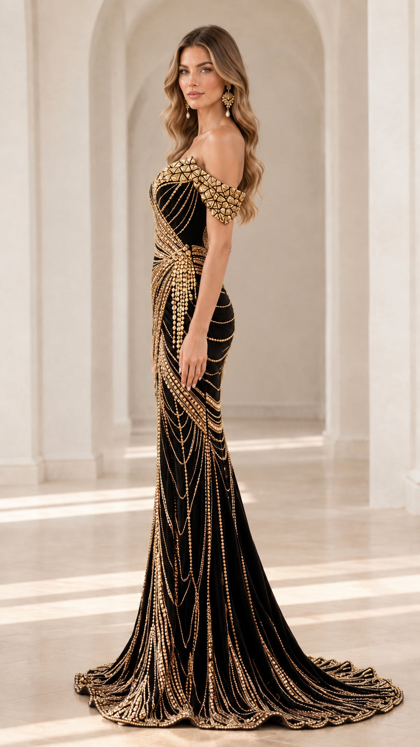 Side profile view of black off-the-shoulder beaded mermaid gown showing fitted silhouette