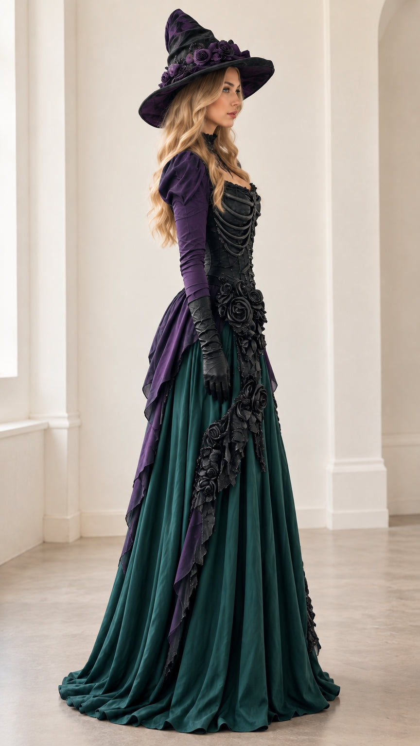 Three-quarter view of dark green and purple gothic corset gown showcasing draped side peplum and floor-length skirt