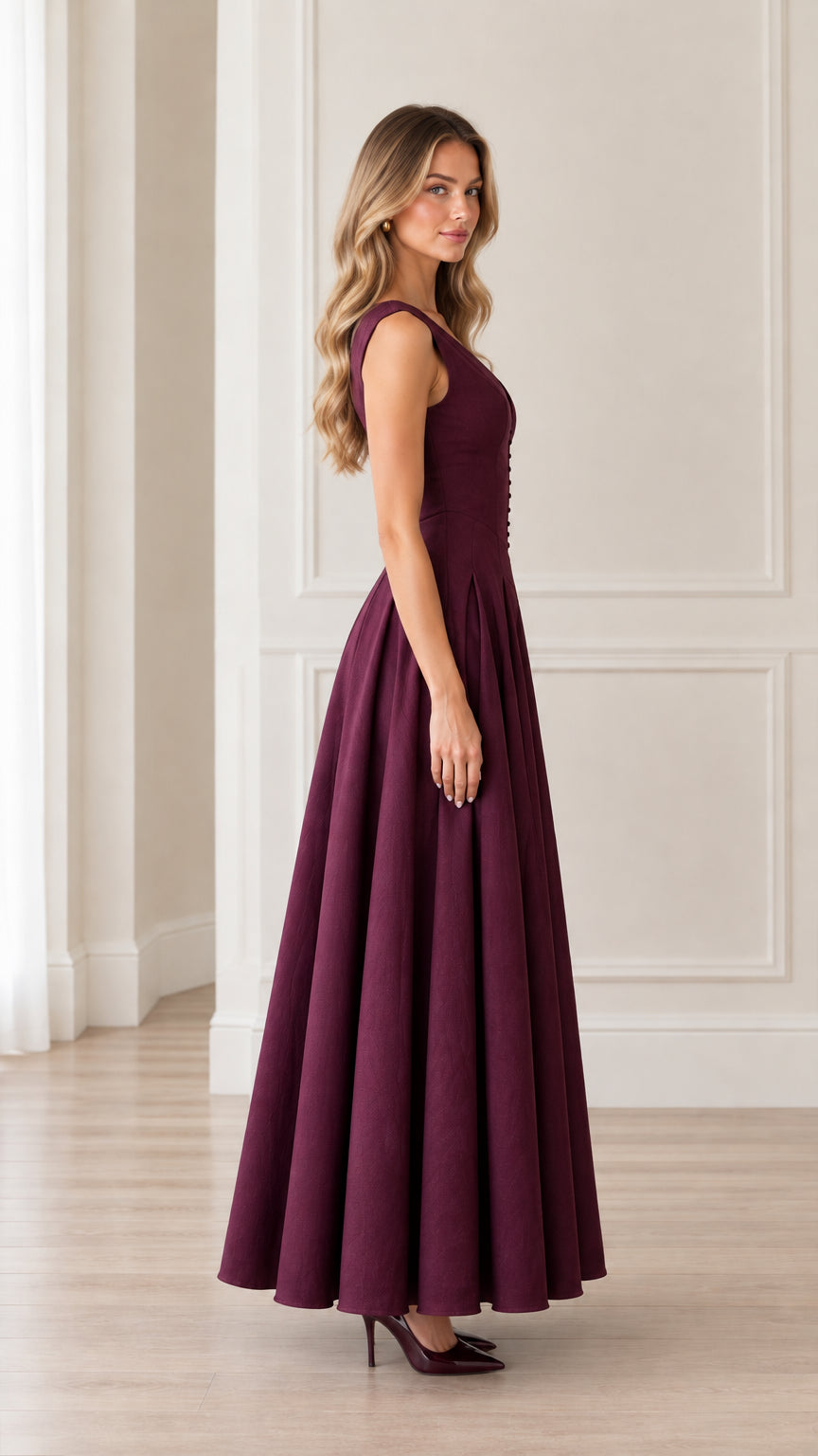 Side profile of woman in elegant floor-length burgundy pleated evening dress