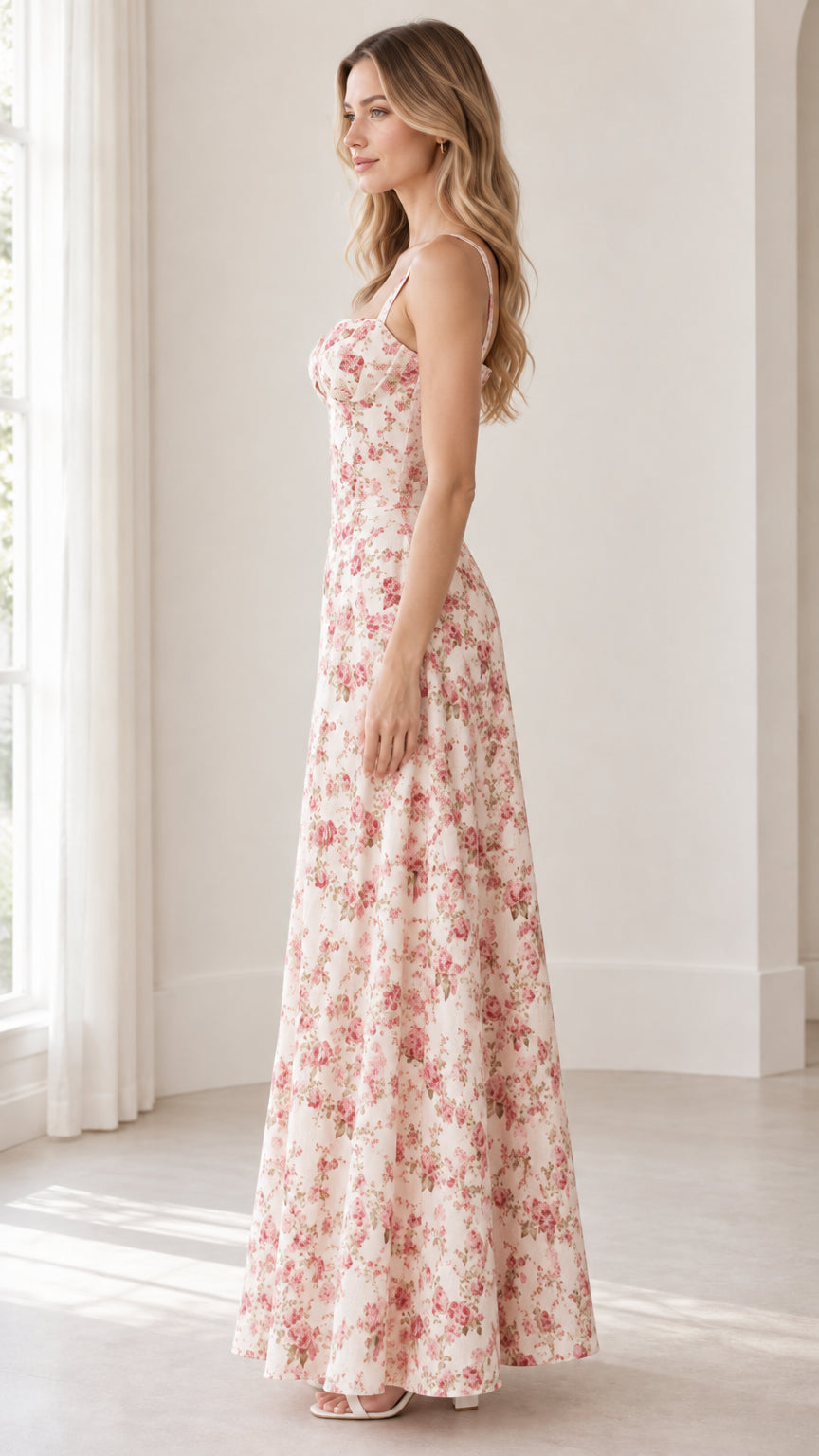 Side profile view of model showcasing tailored silhouette of pink floral corset maxi dress