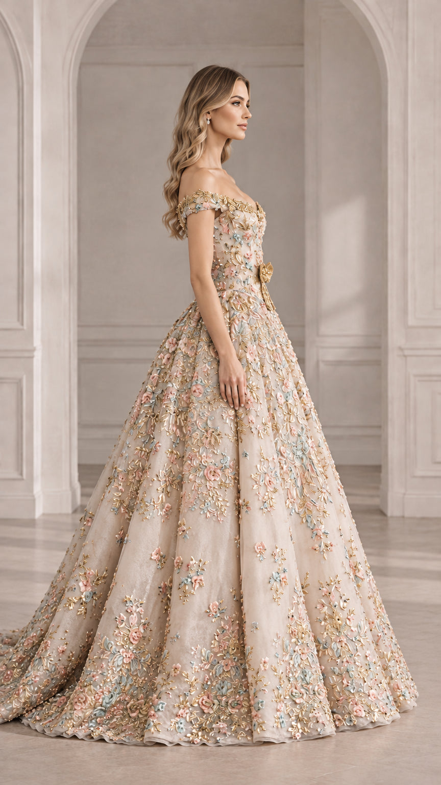 Champagne floral embroidered ball gown evening dress side profile