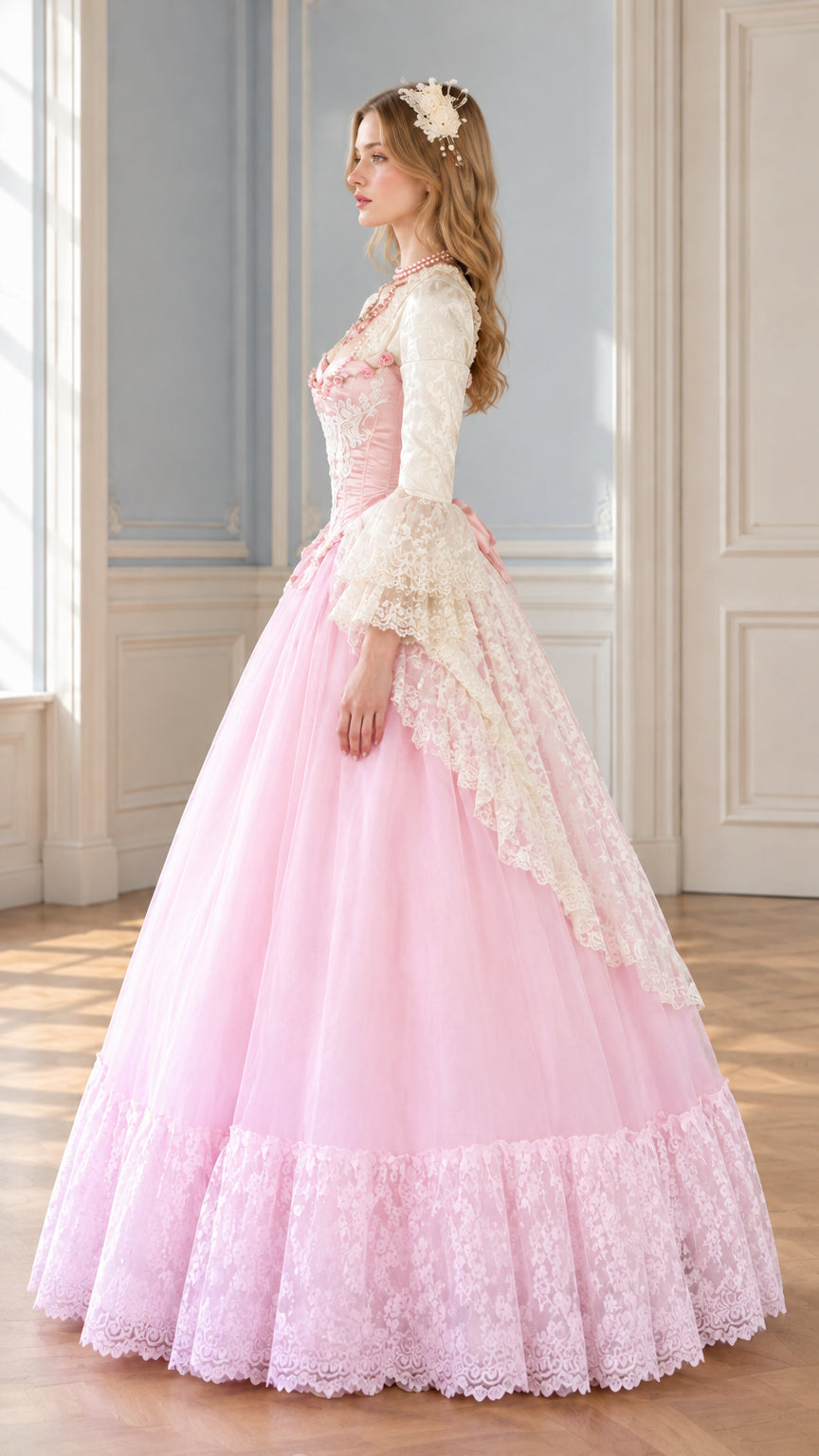 Side profile view of pink Victorian ball gown showing full skirt volume and lace draping