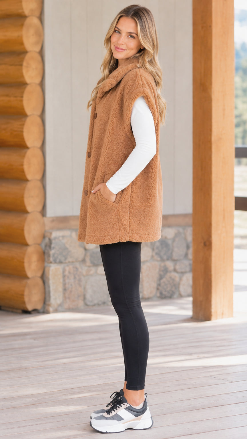 Side profile of model wearing camel button-up fleece vest with pockets