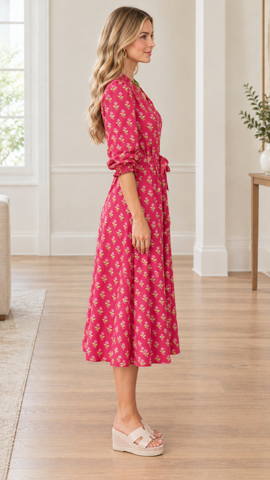 Side angle view of model in hot pink floral print midi dress with 3/4 sleeves