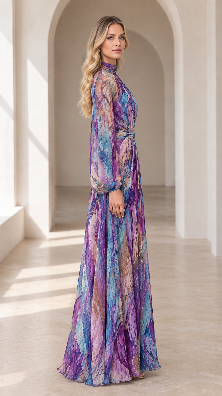 Side profile view of woman wearing flowing purple multicolor long sleeve maxi dress