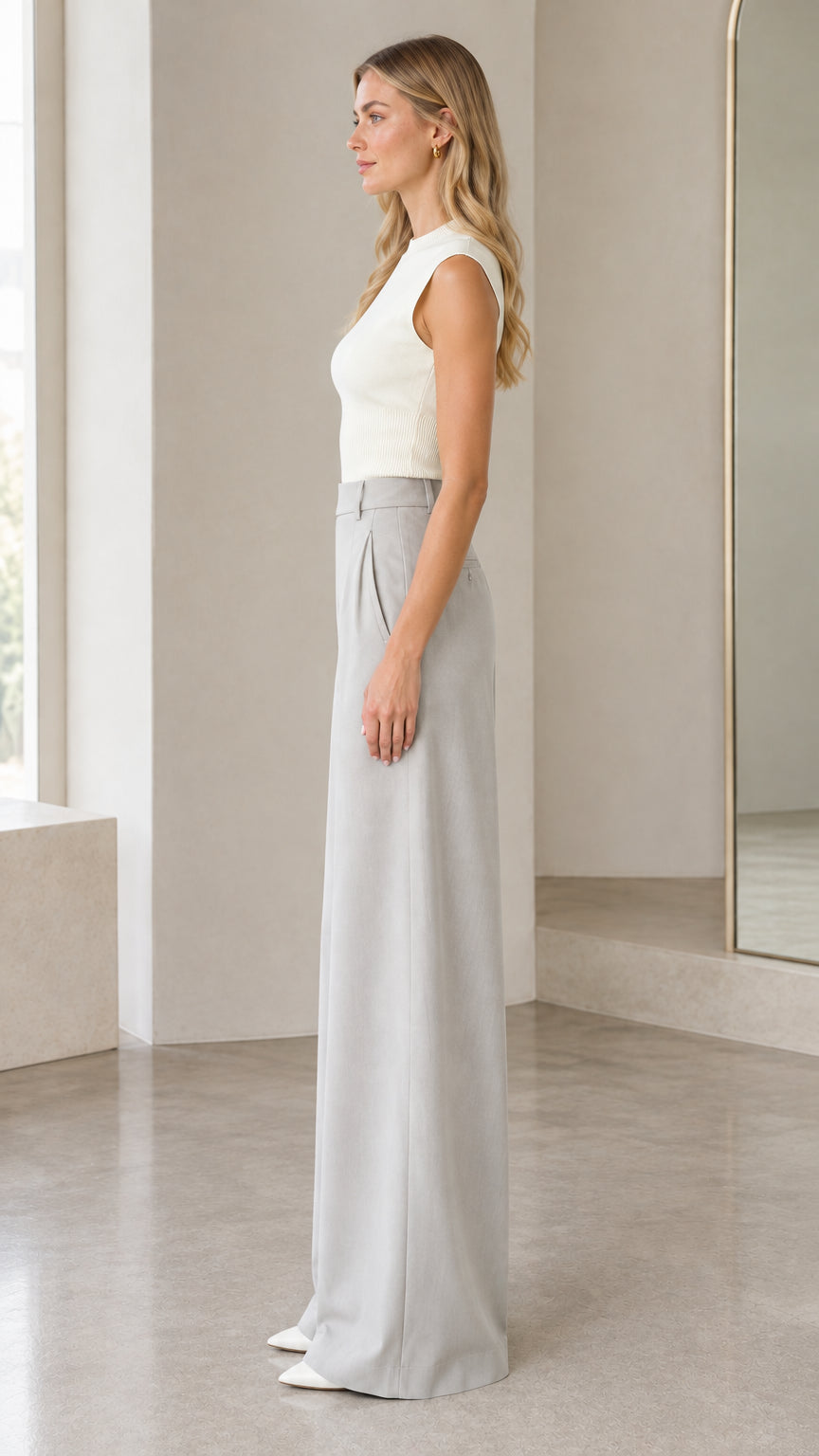Side profile view of model wearing white knit top and light grey trousers