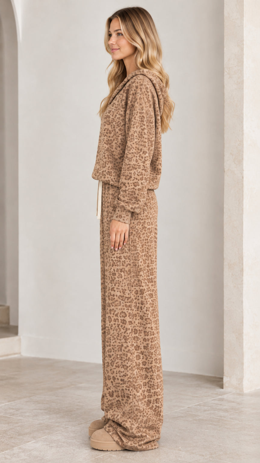 Side profile of model wearing camel leopard print 2-piece loungewear set