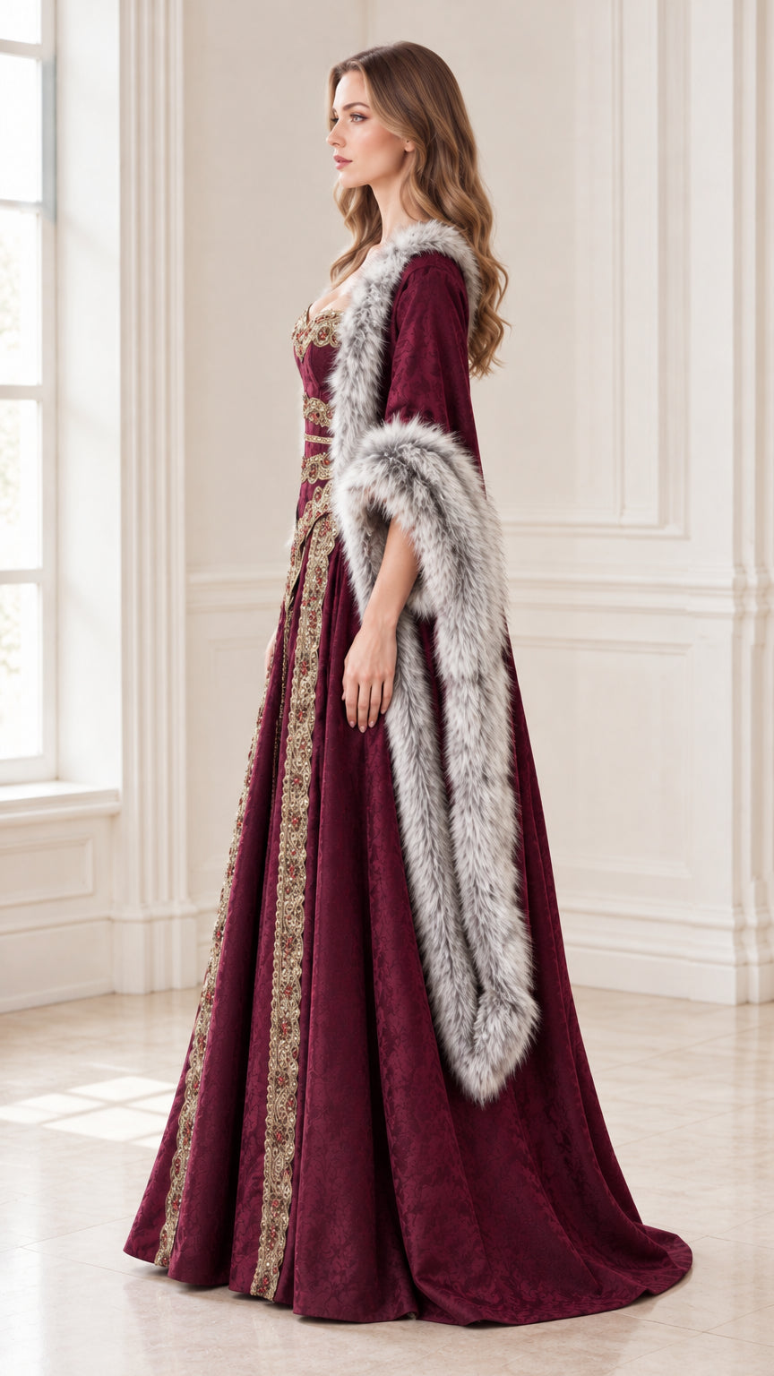 Side profile view of burgundy Renaissance royal gown showing long flowing skirt and fur-lined sleeves