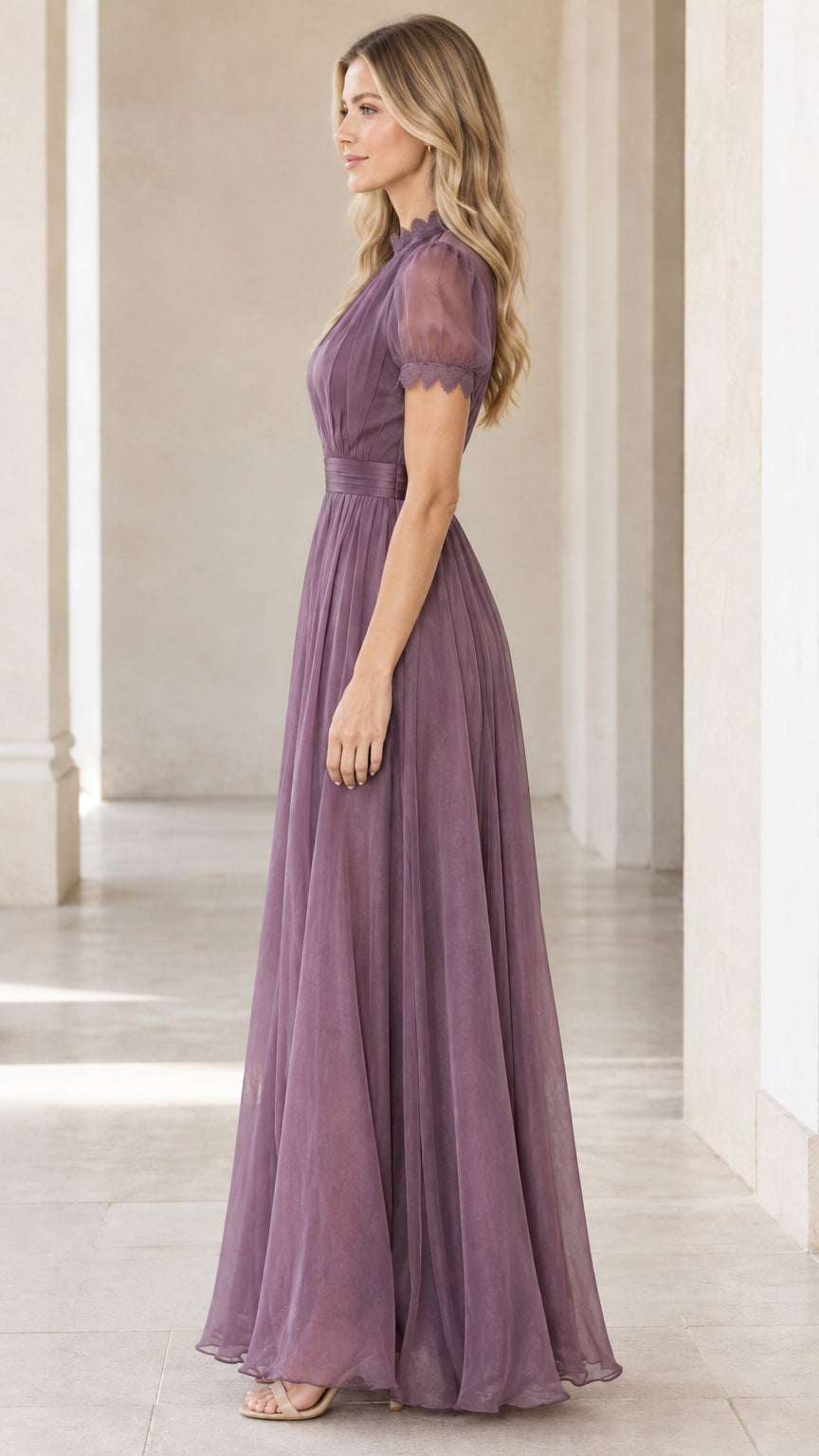 Dusty purple formal chiffon gown with satin waistband - side profile view