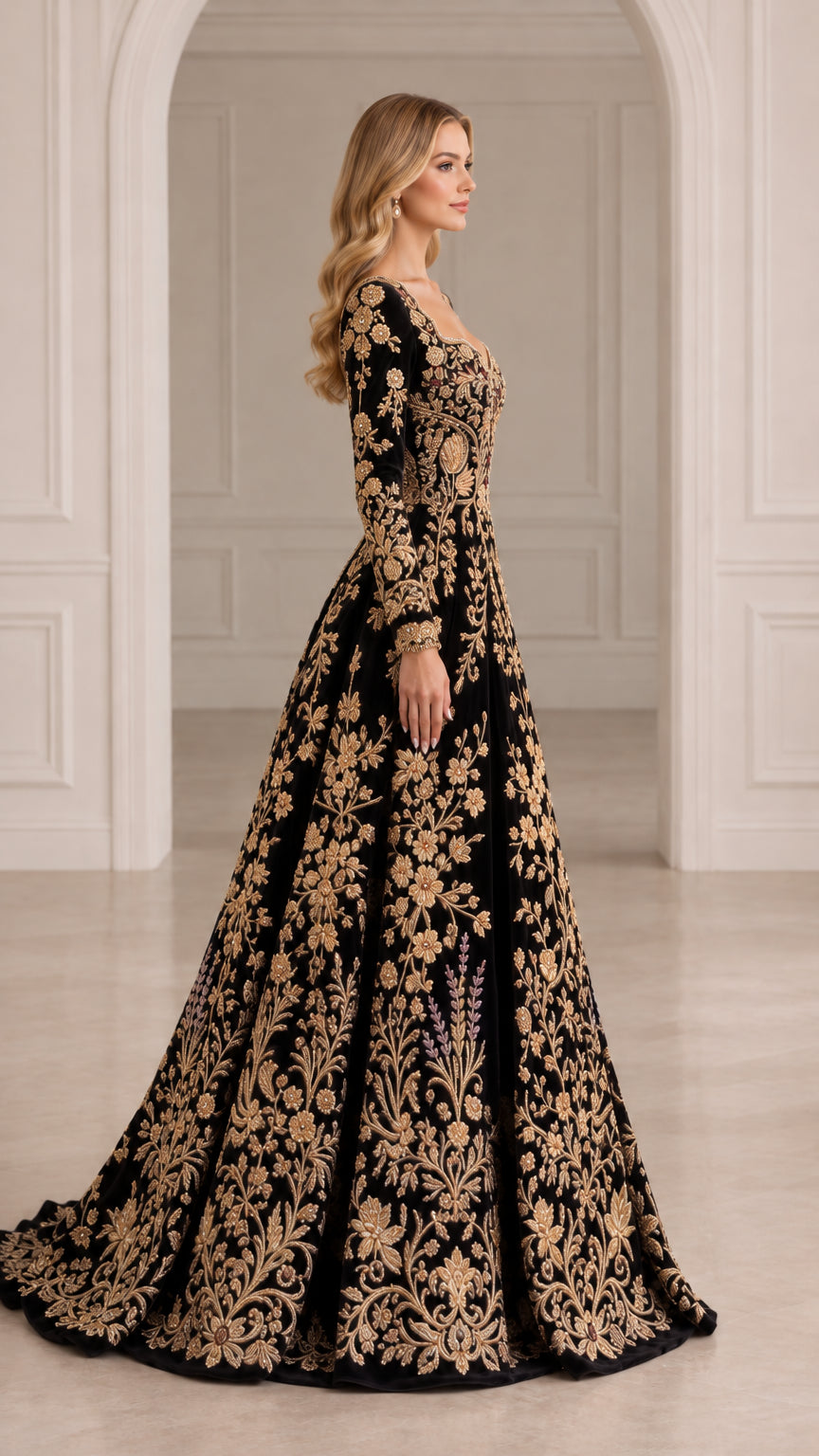 Side profile of woman wearing black embroidered velvet ball gown