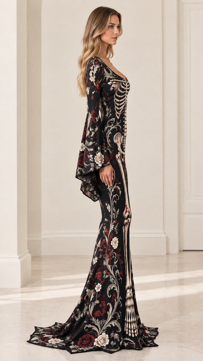 Side profile of woman wearing black skeleton floral print mermaid gown