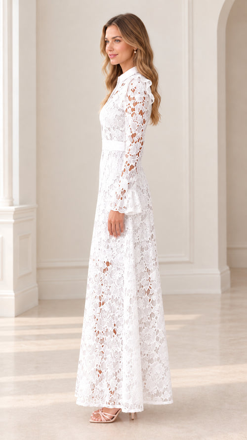 Side profile view of white floral lace collared maxi dress
