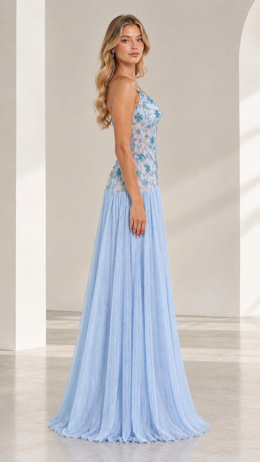 Side profile of light blue beaded tulle formal gown showcasing silhouette