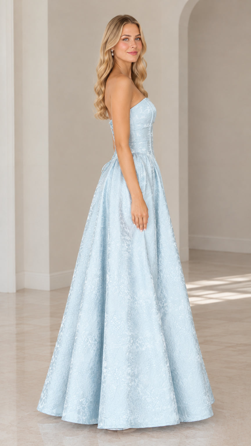 Light blue strapless full-length dress shown from the side