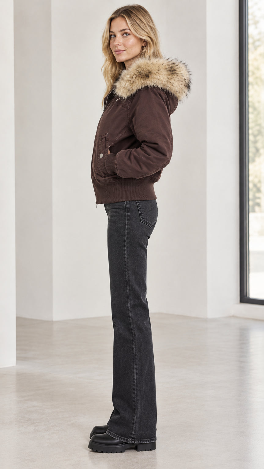 Side profile of brown hooded bomber jacket with faux fur trim