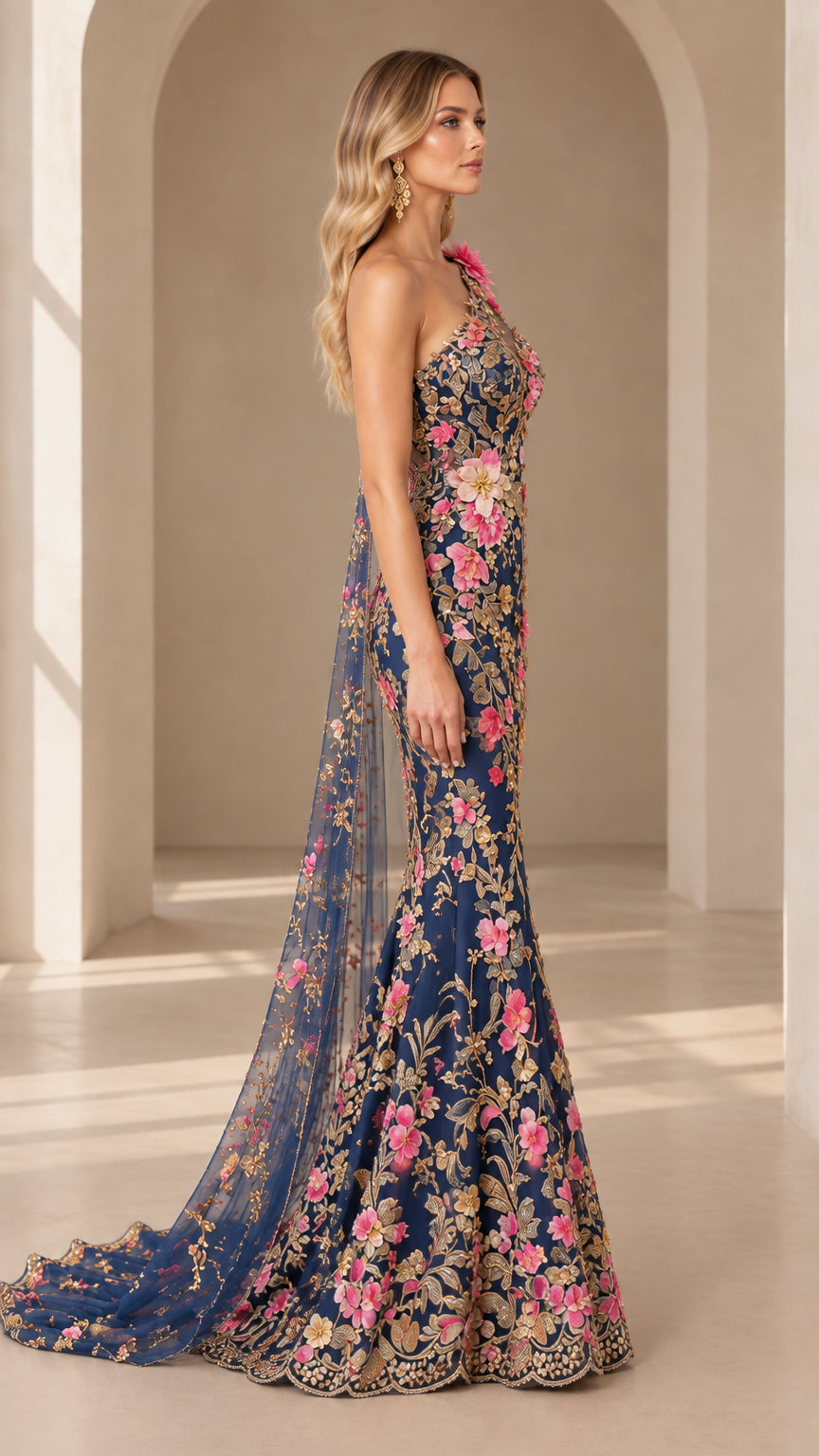 Side profile view of navy blue floral embroidered mermaid gown with flowing tulle shoulder cape