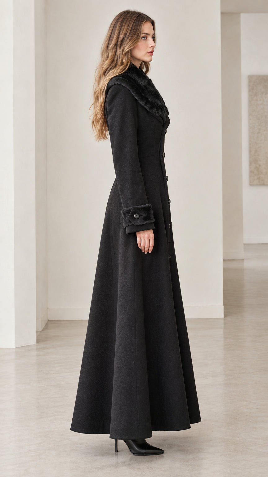 Side profile view of women's black fit-and-flare maxi coat showing sweeping floor-length skirt