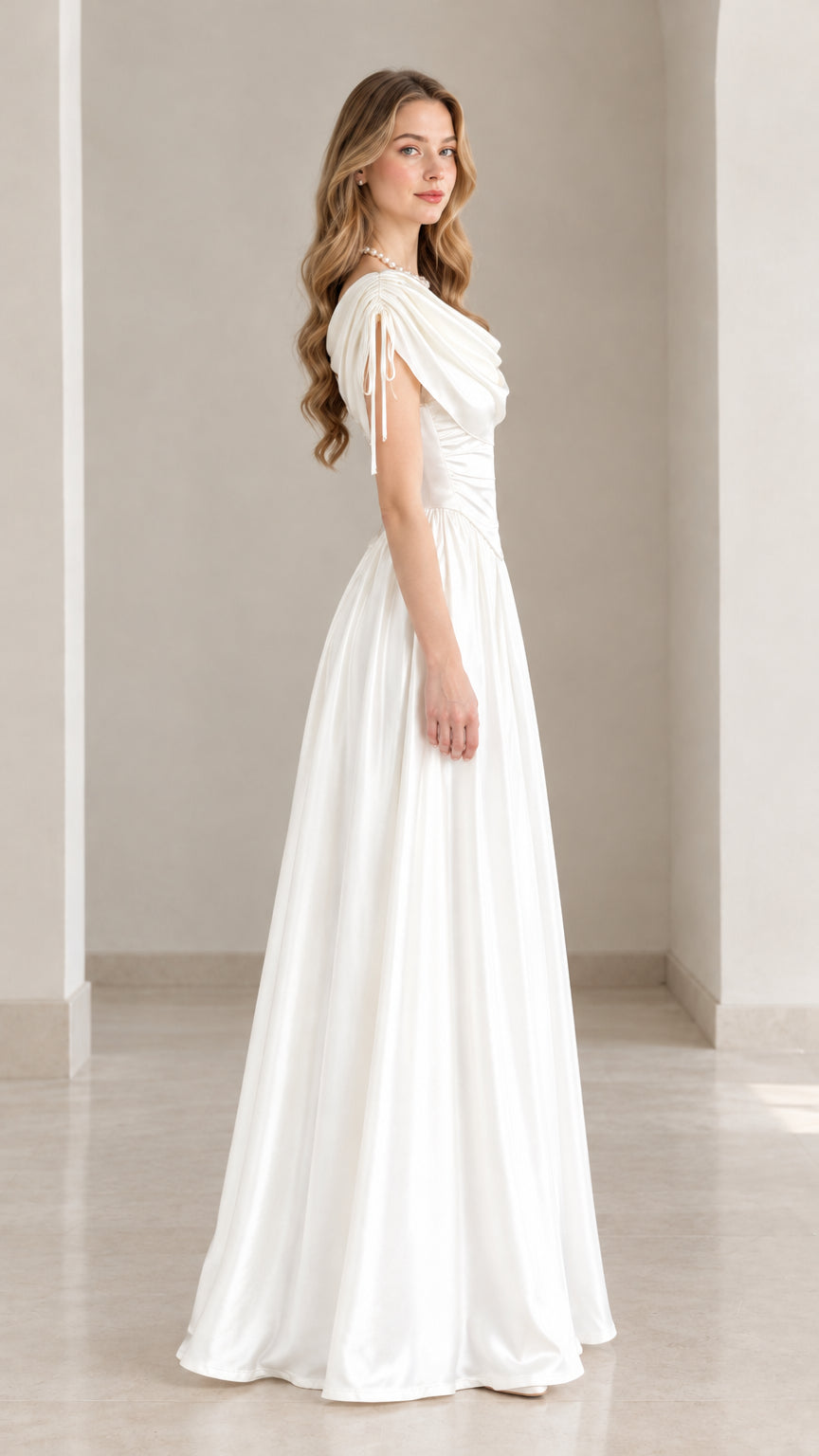 Side profile of model wearing white satin maxi gown showing fluid drape
