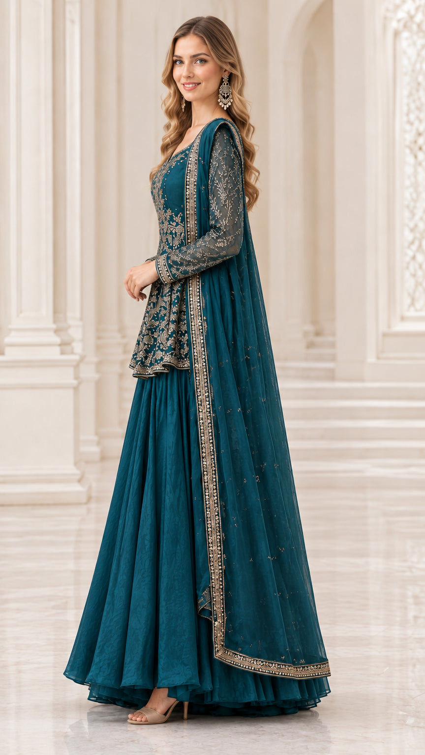 Side profile view of teal blue embroidered peplum skirt ensemble with draped dupatta