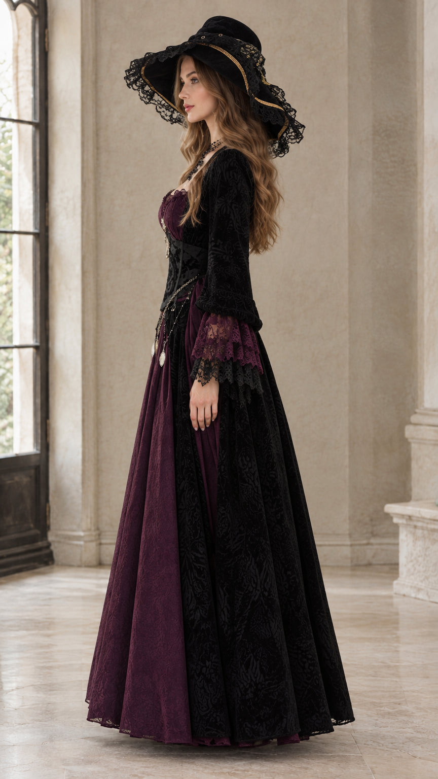 Side profile view of model wearing Burgundy and Black Gothic Victorian Renaissance dress