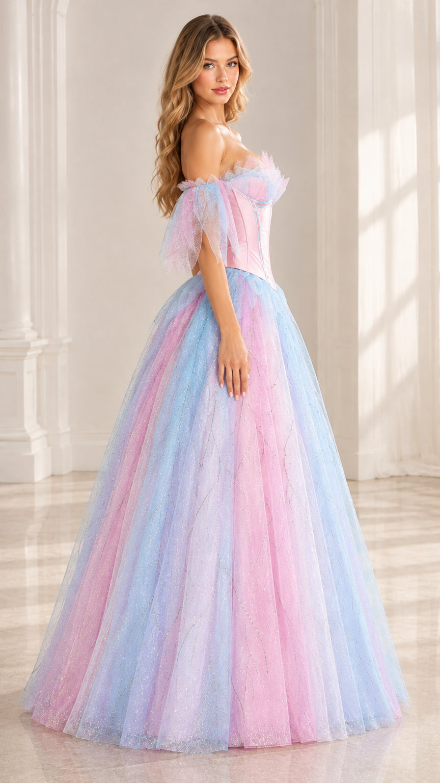 Side angle view of pastel pink and blue tulle ball gown with off-shoulder sleeves