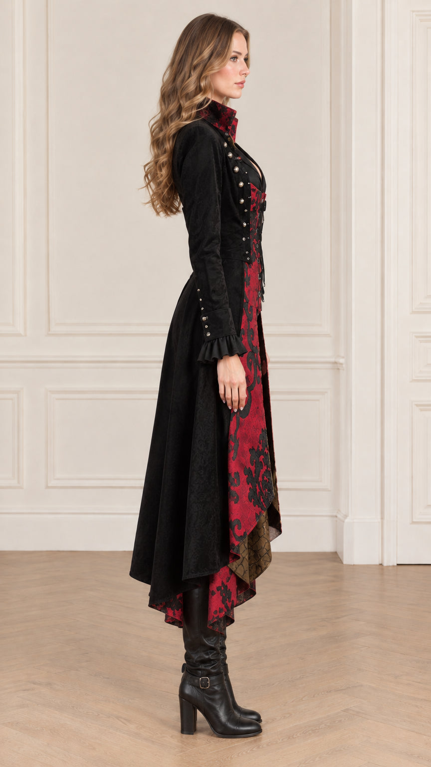 Side profile view of women's black and red gothic frock coat with flared skirt