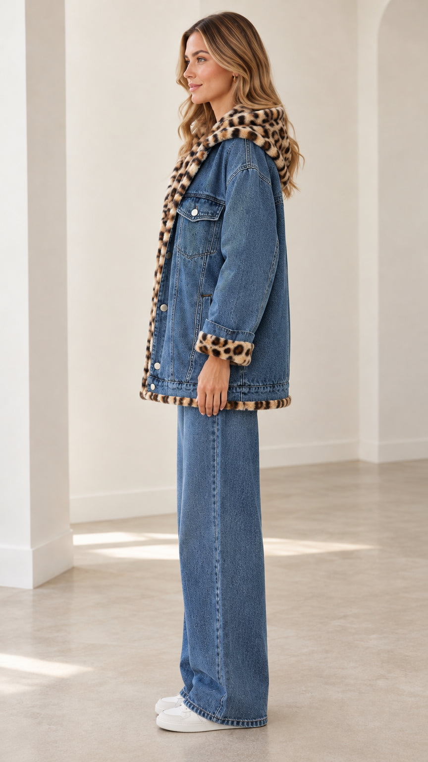 Side profile of model wearing blue plush-lined hooded denim jacket and matching jeans