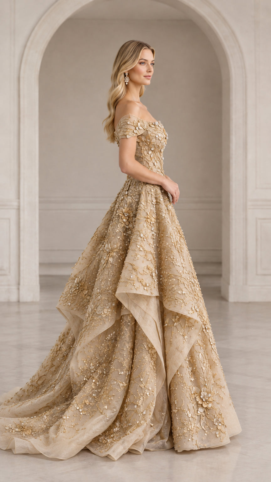 Side profile of woman in gold floral embroidered ball gown showing tiered volume