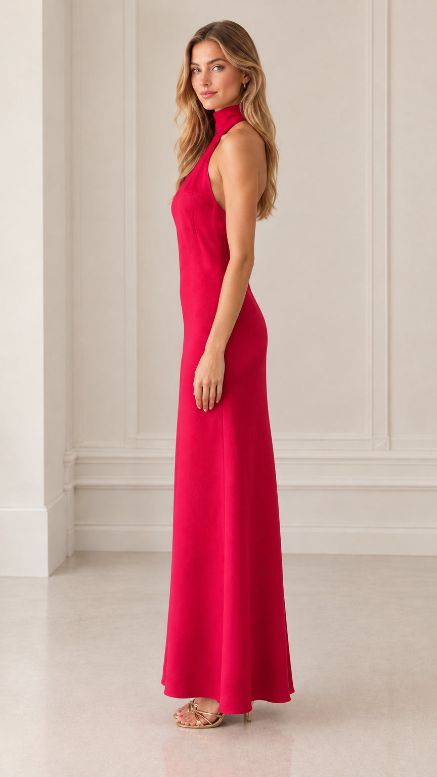 Side profile view of model wearing fuchsia halter neck maxi gown