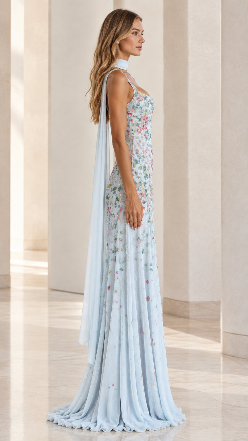 Side profile view of woman showcasing the flowing silhouette of the light blue beaded maxi gown