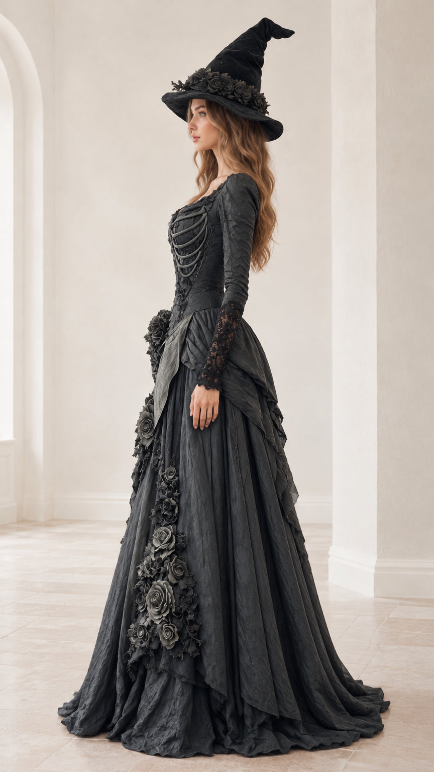 Side profile of black gothic fantasy gown showing voluminous skirt and draped hip detail