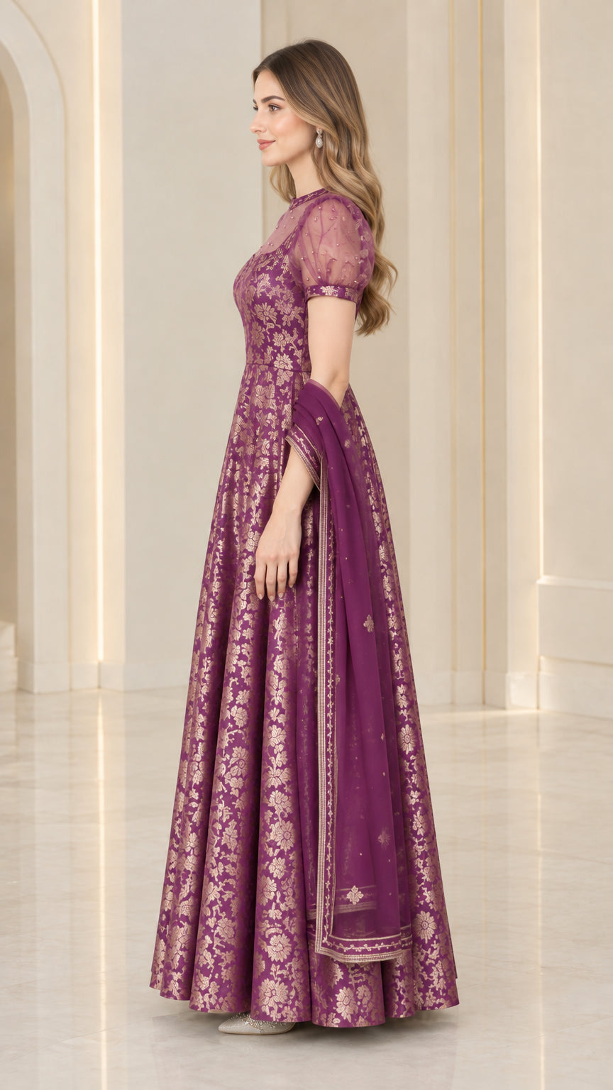 Purple metallic brocade maxi gown and sheer shawl - side profile view
