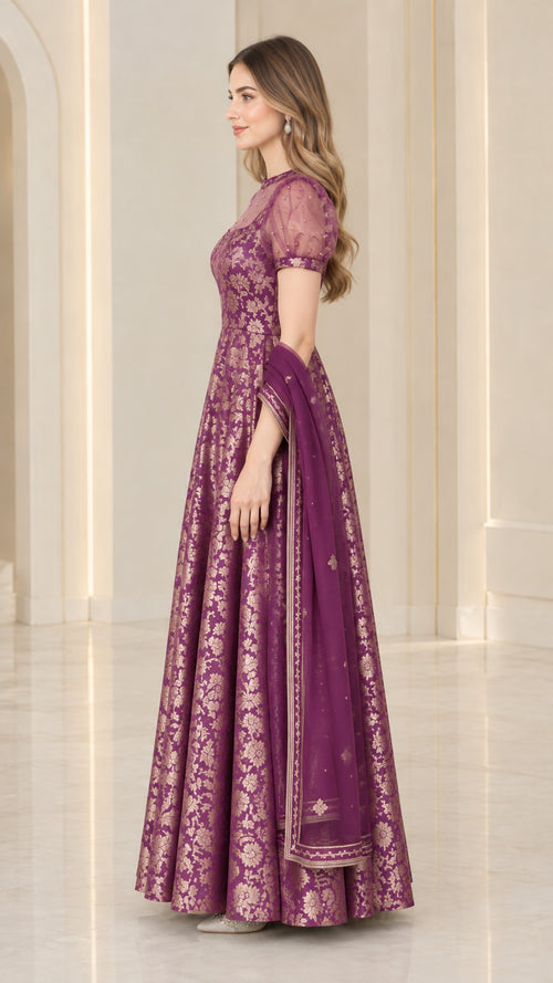 Purple metallic brocade maxi gown and sheer shawl - side profile view