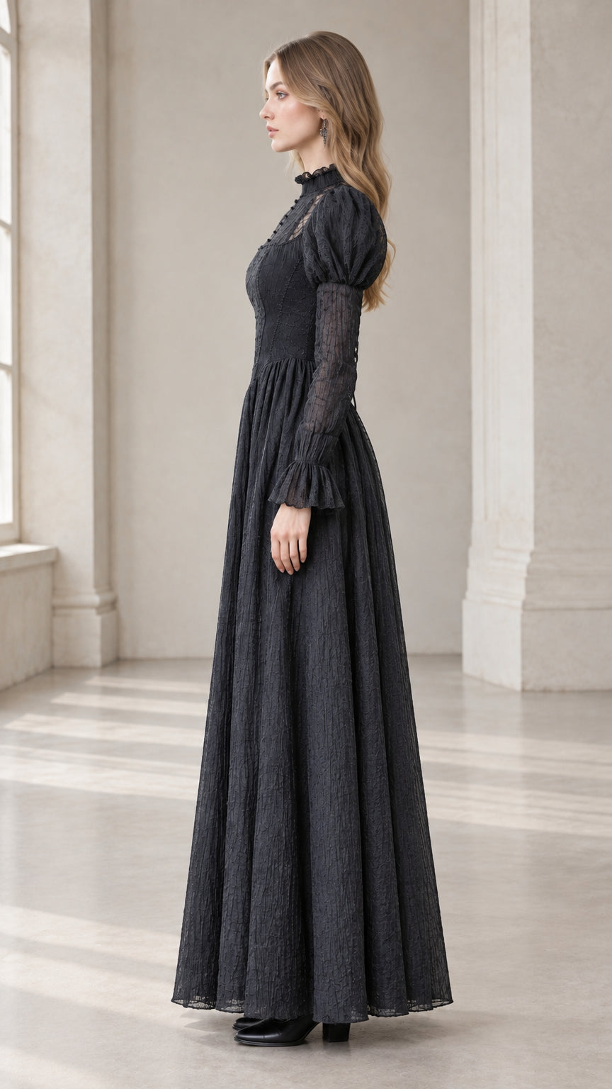 Side profile view of black Victorian mock neck long sleeve maxi dress
