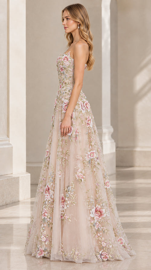 Champagne floral embroidered A-line formal gown side profile view