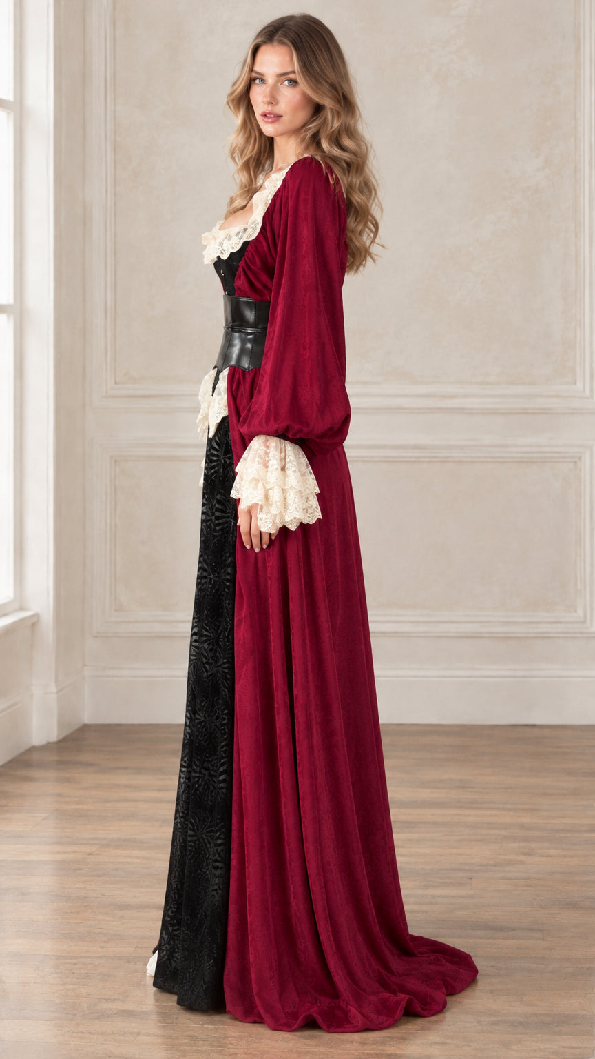 Side profile view of model wearing Wine Red Victorian velvet maxi dress