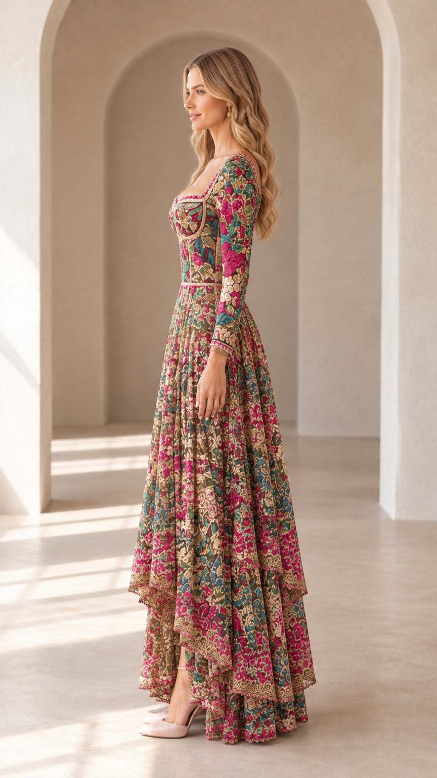 Side profile view of model showcasing the tiered cascading high-low skirt and fitted bodice in champagne floral