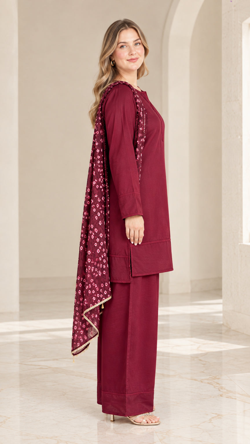 Side profile view of woman wearing burgundy longline tunic top and wide-leg trousers with draped scarf