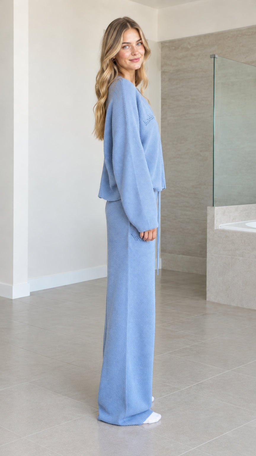 Side view of woman wearing Light Blue 2-piece ribbed knit loungewear set