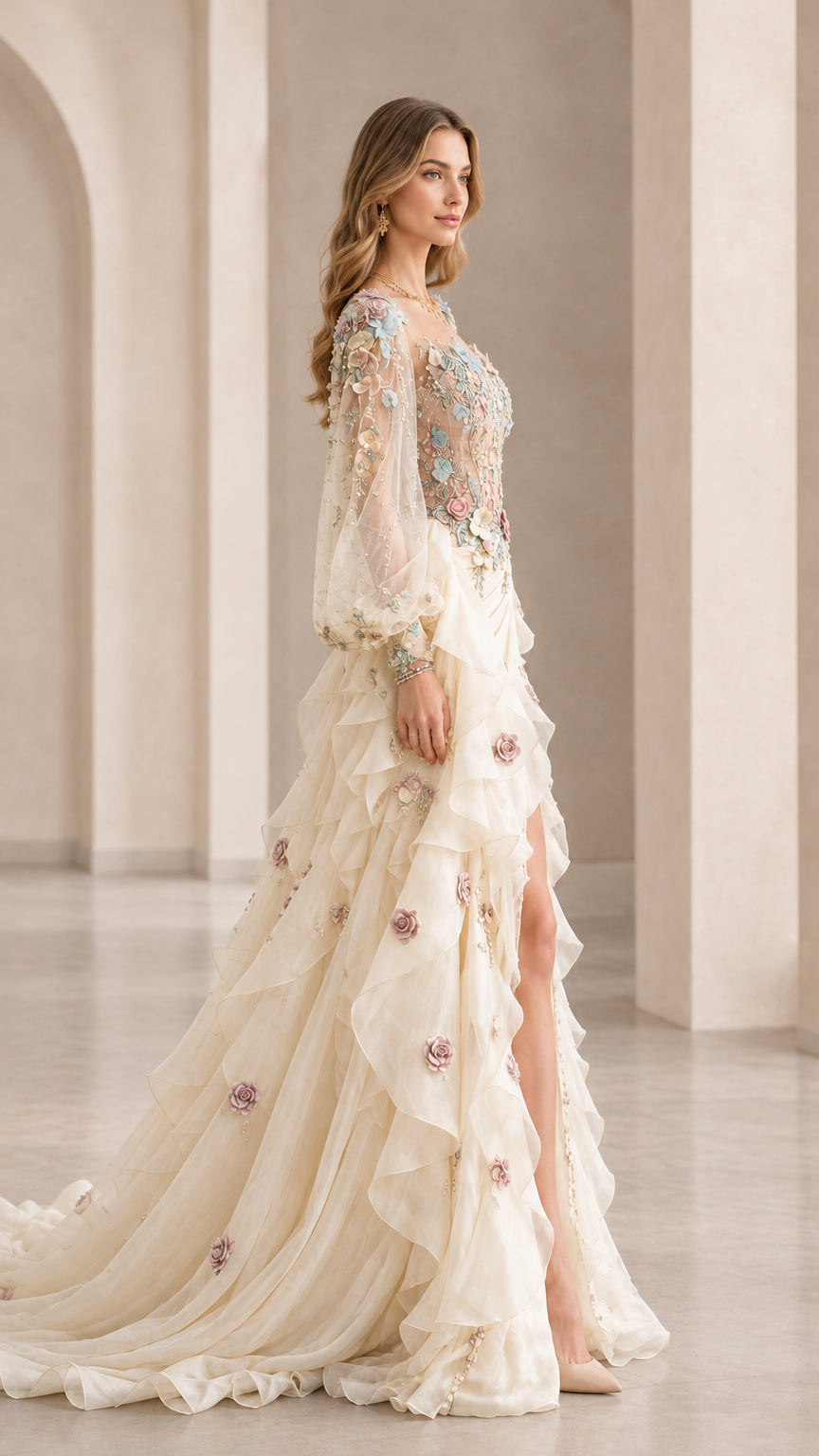 Side angle of champagne floral embroidered evening dress showing cascading tiered ruffles