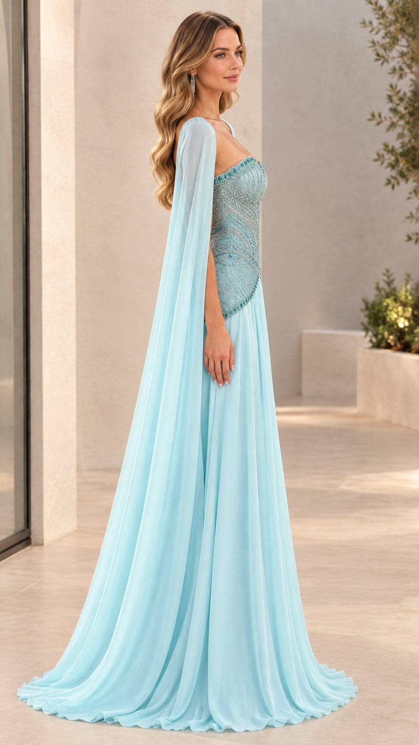 Side profile view of sky blue cape sleeve evening gown with pleated skirt