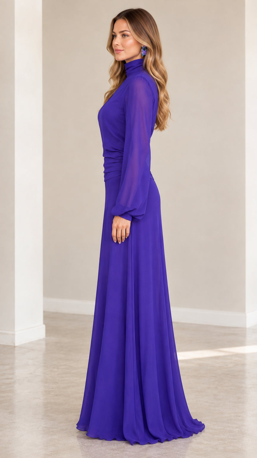 Royal blue high neck long sleeve maxi dress side profile view
