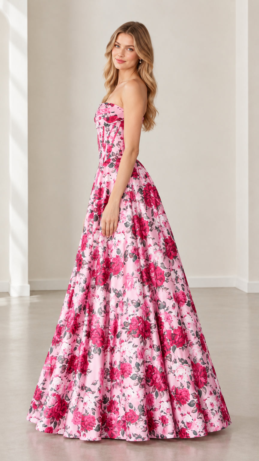 Pink floral strapless corset ball gown side view