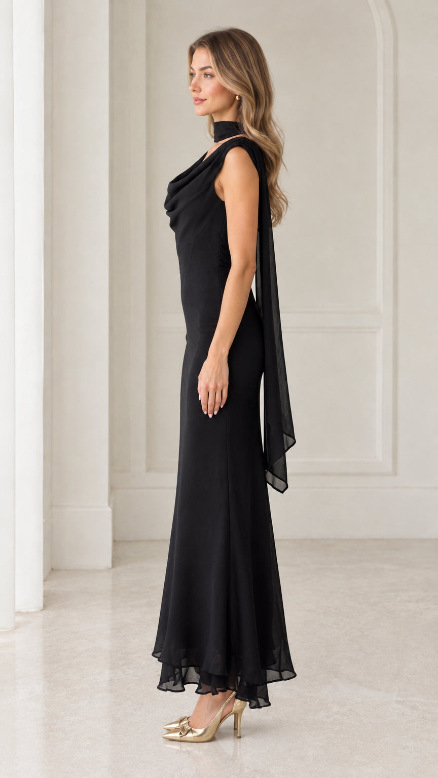 Side profile view of woman wearing black draped maxi formal dress with cascading shoulder scarf