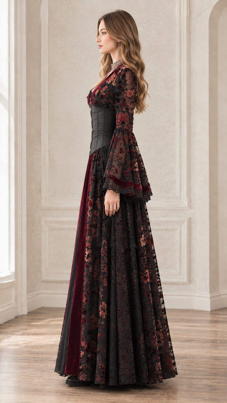 Side profile view of Gothic Renaissance corset maxi dress showcasing floor-length silhouette