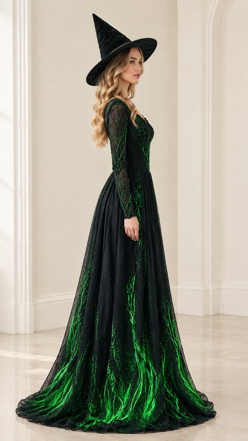 Side profile view of model in black long sleeve glitter embellished A-line evening dress