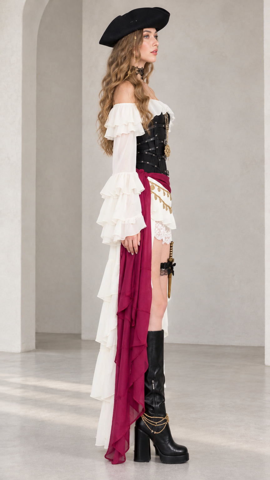 Side profile view of women's pirate costume showing tiered ruffle train and coin sash detailing