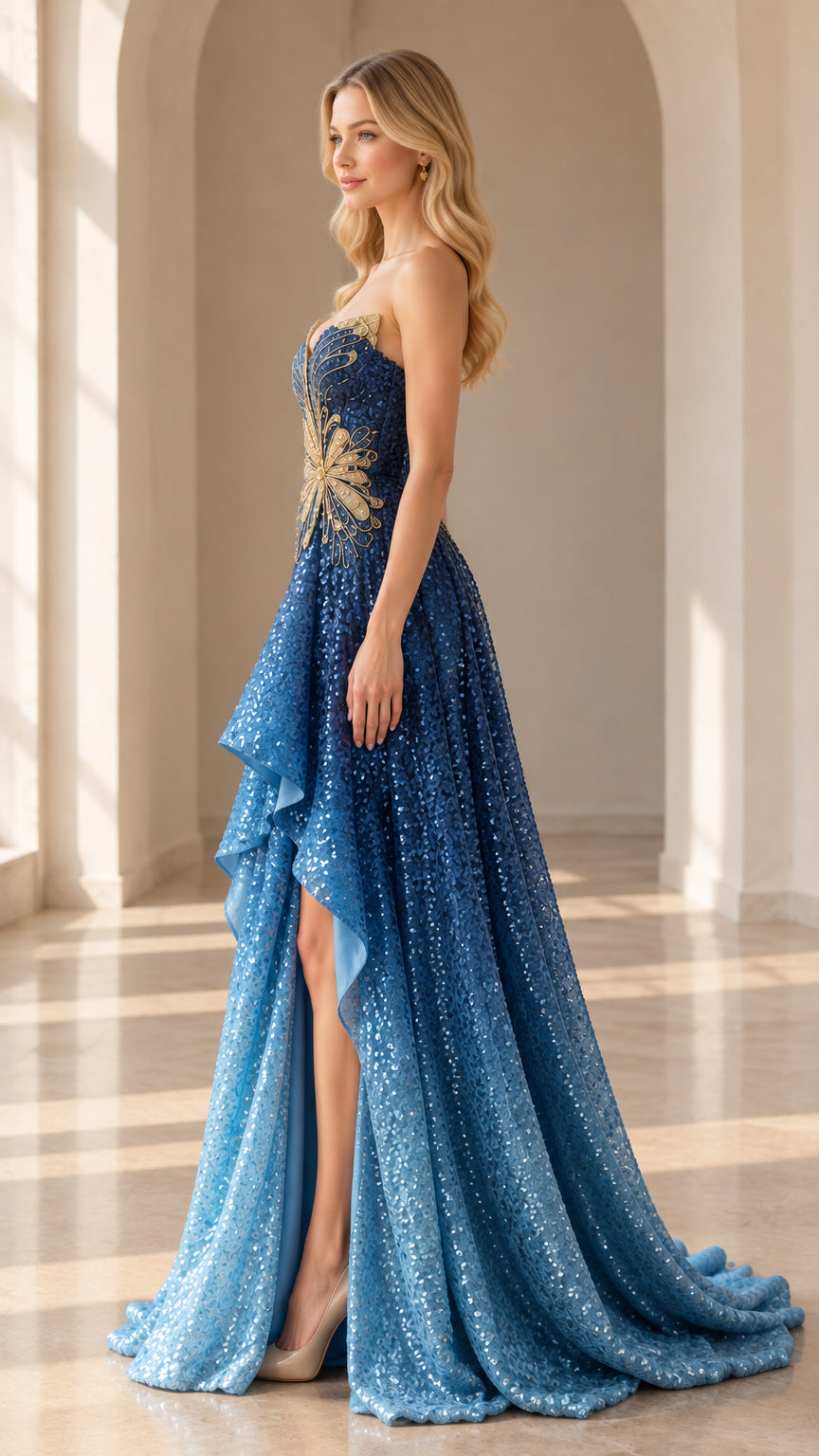 Side profile of the strapless royal blue sequin gown showing the high-low tiered cascade ruffle and leg slit