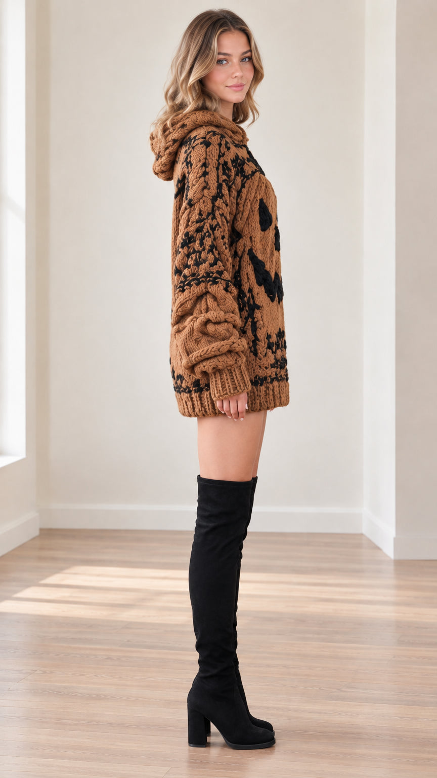 Side profile of brown pumpkin cable knit hooded sweater dress with black knee high boots